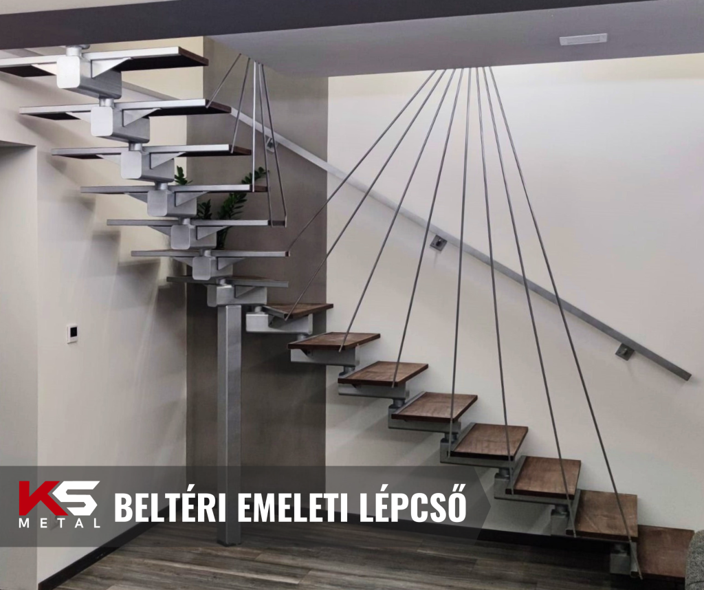 Beltéri emeleti acéllépcső korláttal, egyedi fémszerkezet tervezés eredménye
