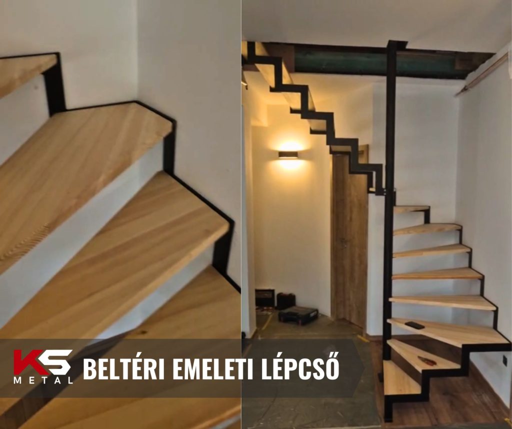 Egyedi acélszerkezetű beltéri emeleti lépcső fa fokokkal szűk, ferde térben