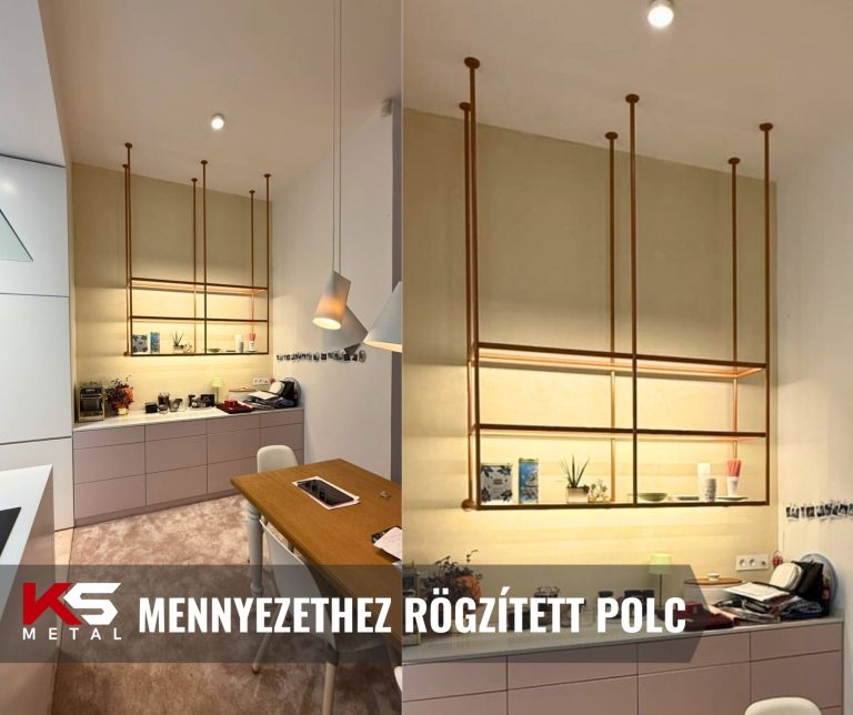 Mennyezethez rögzített, függesztett acél polcrendszer fa polclapokkal konyhában