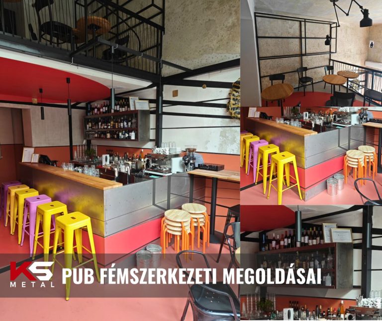 Vendéglátóhely acél galériája, bárpultja, korlátai és polcai ipari stílusban